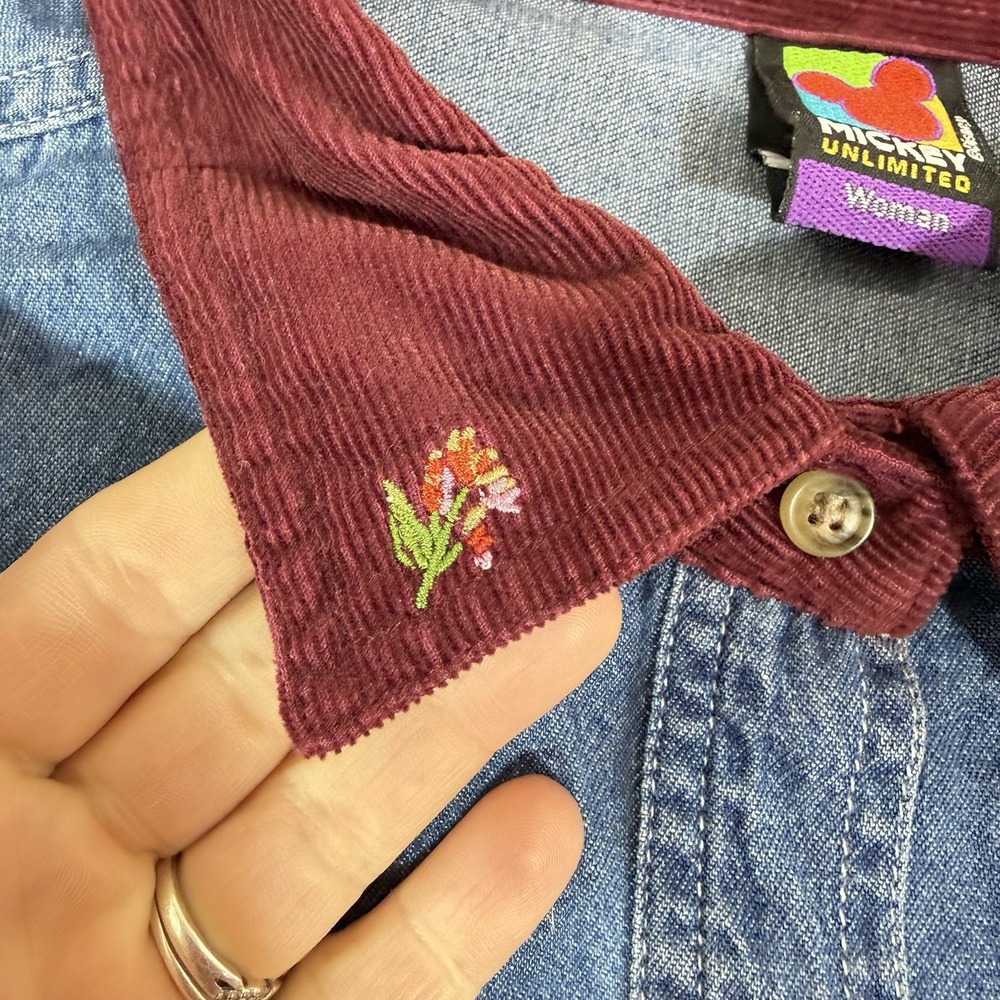 Vtg Y2K Micky Unlimited Embroidered Denim Shirt Womans 26/28 Disney Corduroy - Picture 9 of 14